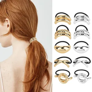 Metal hair tie set featuring multiple geometric shapes in gold and silver, elegant ponytail holder.