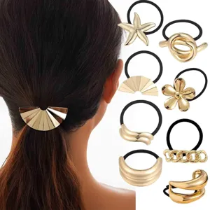 Gold metal hair ties set, geometric starfish flower ponytail holder hair accessories for women