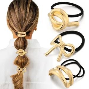 Gold metal hair ties set featuring elegant knot and bow designs for stylish high ponytails.