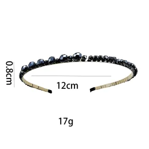 Diadema de cuentas negras para mujer retro cristal aro de pelo delgado metal accesorio.