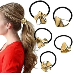 Minimalistische goldene Metall Haargummis Set, unregelmäßige geometrische Zopfhalter