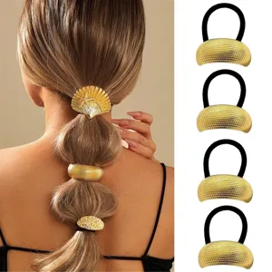 Metal hair tie detail showing ponytails and textured gold cuff accessories set for styling.