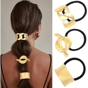 Minimalistische goldene Metall Haargummis Set, schicke Kette und Knoten Zopfhalter Haaraccessoires.