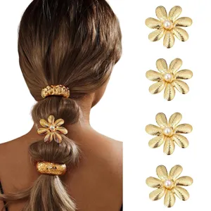 Gold flower hair clips and cuffs set, stylish metal hair accessories for women and girls ponytail.