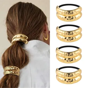 Gold metal curved hair tie detail, elegant ponytail holder accessory for women daily wear.