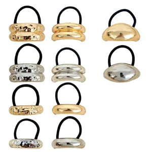 Fashion metal hair ties set, gold and silver scrunchies with hammered texture for women ponytail styling.