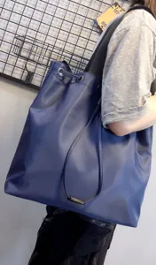 Large capacity nylon shoulder tote bag solid dark blue drawstring casual fashion women bag
