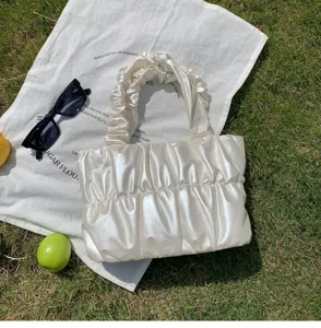 White ruched cloud bag stylish soft leather shoulder handbag for casual daily women
