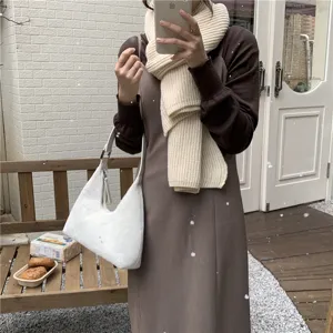 White plush hobo bag for women, cozy winter fluffy crescent shoulder handbag daily use.
