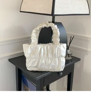 White ruched cloud handbag, soft leather shoulder bag for women, trendy daily purse.