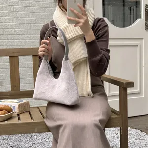 Plush underarm shoulder bag for women, cozy winter fluffy crescent hobo handbag grey