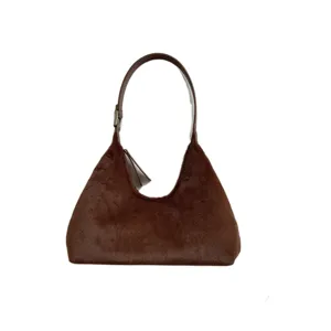Women Brown Plush Underarm Bag Fall Winter Fluffy Crescent Handbag Chic Soft Shoulder Bag