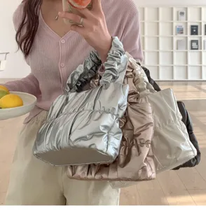 Stylish casual soft metallic ruched cloud bag versatile shoulder handbag for women