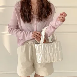 Korean style pleated cloud handbag soft glossy white shoulder bag casual women daily purse