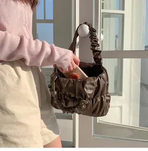 Brown ruched cloud bag soft leather handbag casual daily fashion shoulder bag for women