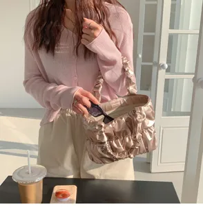 Fashion metallic ruched cloud handbag, trendy soft crossbody tote bag for women daily wear.