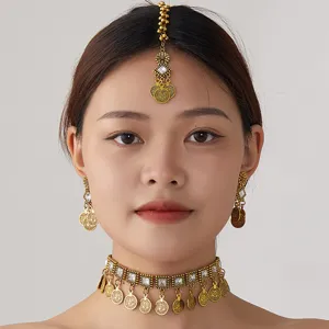 Boho gold coin choker necklace earrings and maang tikka set for women fashion jewelry.
