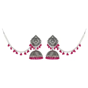 Vintage indische Jhumka Ohrringe mit rosa Perlen Haarkette bohemische silberne Ohrhänger