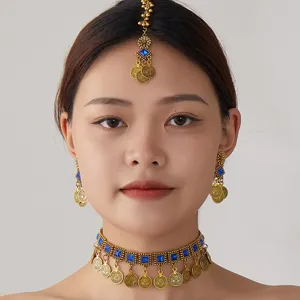 Bohemian Ethnic Vintage Retro Necklace Earrings And Headpiece Jewelry Set Alloy Tassel Choker For Women Party