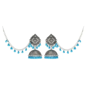 Wunderschöne ethnische indische silberne Jhumka Ohrringe mit blauen Perlen und Kette.