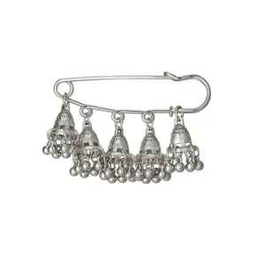 Ethnic silver-tone safety pin brooch with vintage jhumka bell tassels for women fashion