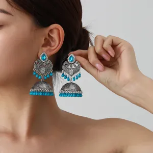 Ethnic boho antique silver carved long blue gemstone tassel jhumka earrings for women.