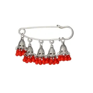 Ethnic vintage bell tassel brooch, bohemian silver safety pin with red beads for women.