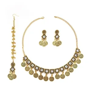 Bohemian vintage gold jewelry set necklace earrings headpiece ethnic coin crystal chic