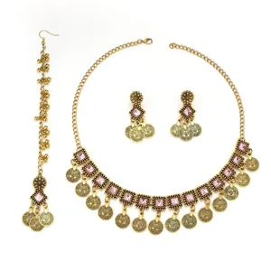 Bohemian ethnic style choker necklace earrings and headpiece jewelry set in antique gold finish.