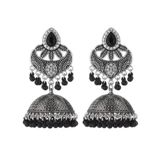 Vintage oxidized silver ethnic jhumka earrings with black beads and sparkling crystals