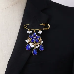 Vintage blue crystal rhinestone safety pin brooch for women elegant retro fashion jewelry gift