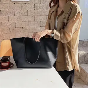 Minimalist black slouchy tote bag for women daily casual wear elegant large shoulder bag