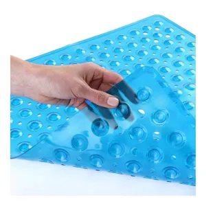 Clear blue anti-slip bath mat detail showing suction cups and flexible texture for safety.