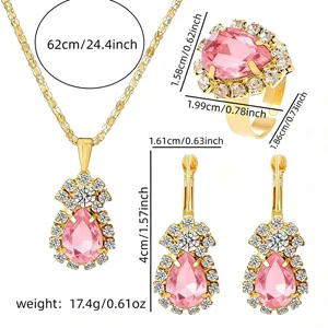 Exquisite pink crystal teardrop necklace ring and earrings jewelry set for women party wear.
