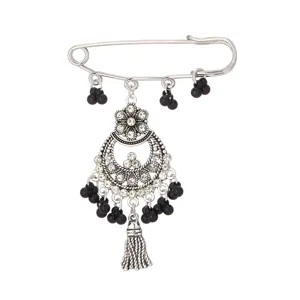 Vintage silberne Quasten Brosche Nadel mit Strass und schwarzen Perlen im Retro Stil.