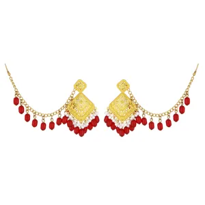 Ethnic hollow carved ear studs with red beads and long chains, vintage Indian tassel earrings.