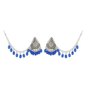 Bohemian retro ethnic silver blue bead drop earrings and hair chain jewelry set for women.