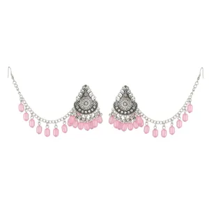Bohemian ethnic silver tone earrings with pink beads and chain connectors for women detail view.