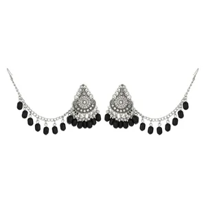 Bohemian silver tone hair chain earrings vintage black bead jhumka dangle jewelry for women