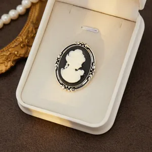 Retro court style cameo brooch, elegant black and white relief portrait pin for women.