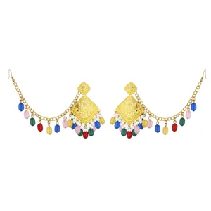 Ethnic gold plated filigree earrings with colorful bead chains for vintage women jewelry