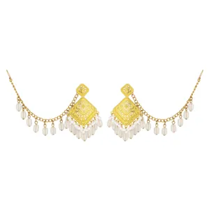 Ethnic filigree hollow gold earrings with chain fringe detail, retro Indian style jewelry.