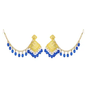 Ethnic Vintage Gold Plated Cutout Blue Bead Tassel Earrings Indian Fashion Jewelry