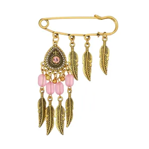 Vintage gold tone safety pin brooch boho feather dangle pink bead crystal jewelry