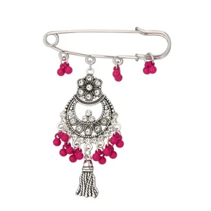 Retro böhmische lange Quasten Brosche für Damen, ethnische silberne Sicherheitsnadel mit Strass.