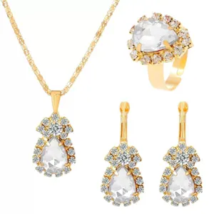 Elegant gold crystal jewelry set necklace earrings and ring for women wedding party.