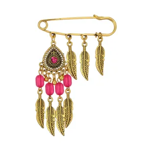 Bohemian vintage gold brooch pin with pink beads and feather pendants for women chic.