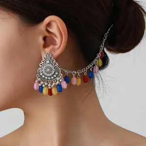 Bohemian Vintage Ethnic Alloy Dangle Earrings Hair Chain Set Long Tassel Drop Earrings For Women Jewelry