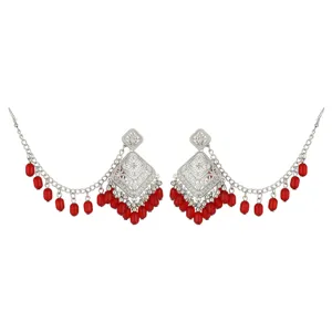 Ethnic silver tone filigree diamond earrings with red bead fringe drop chain details.
