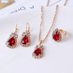 Elegant red teardrop rhinestone necklace earrings ring jewelry set for women party wear.